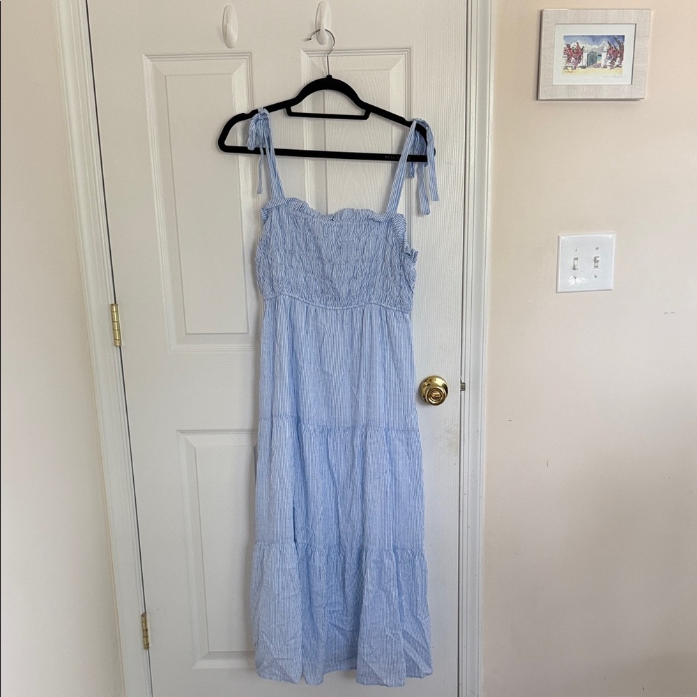 Lulu's Flirting with Summer Blue Striped Tie-Strap Tiered Midi Dress